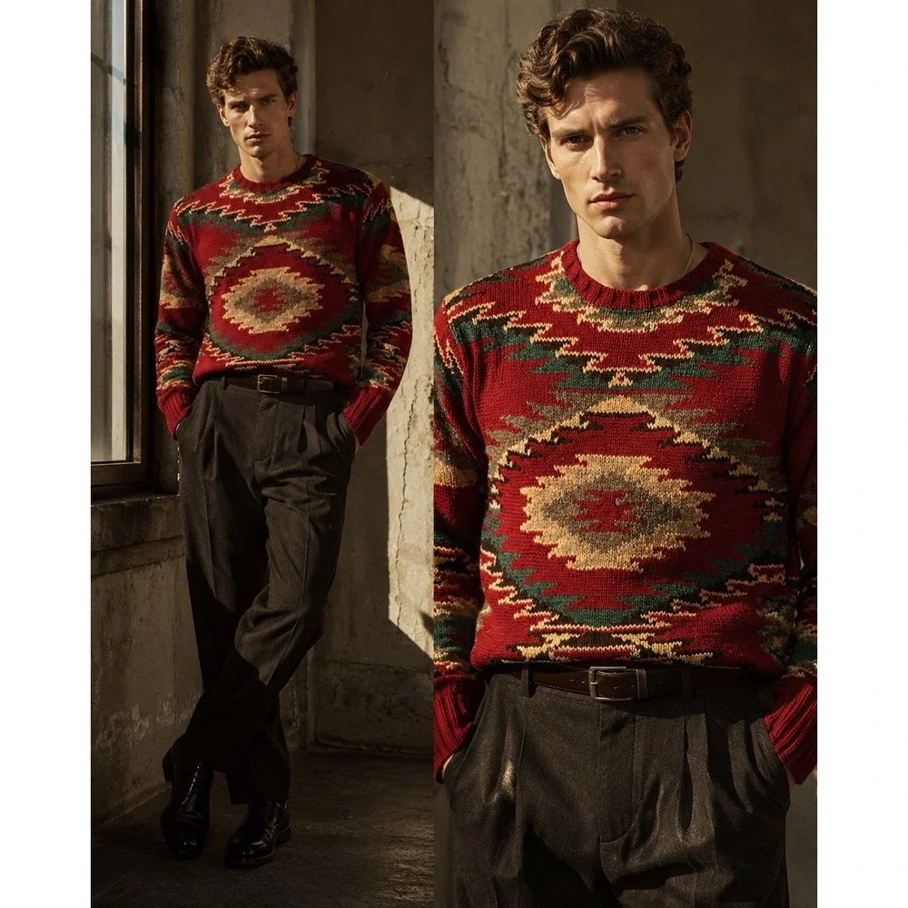 Vtg Polo Country Ralph Lauren Hand Knit 100% Wool Aztec Sweater Mens L Red